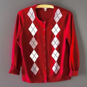 Argyle Cardigan Sweater Sz PL CROFT & BARROW Dark Academia Eclectic Grandpa EUC